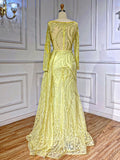 Luxury Beaded Lace Prom Dresses Long Sleeve Sheath Evening Gown 22089-Prom Dresses-vigocouture-Yellow-US2-vigocouture