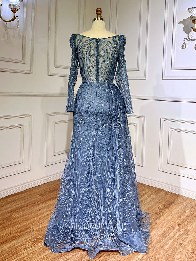 Luxury Beaded Lace Prom Dresses Long Sleeve Sheath Evening Gown 22095-Prom Dresses-vigocouture-Dusty Blue-US2-vigocouture