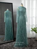Luxury Beaded Prom Dresses Long Sleeve High Neck Mother of the Bride Dresses 22084-Prom Dresses-vigocouture-Green-US2-vigocouture