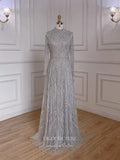 Luxury Beaded Prom Dresses Long Sleeve High Neck Mother of the Bride Dresses 22084-Prom Dresses-vigocouture-Grey-US2-vigocouture