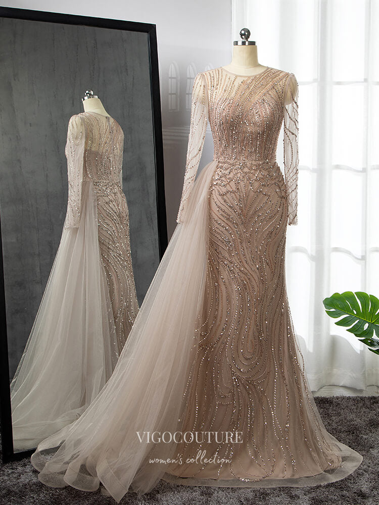 Luxury Beaded Prom Dresses Long Sleeve Mermaid Mother of the Bride Dresses 22087-Prom Dresses-vigocouture-Champagne-US2-vigocouture