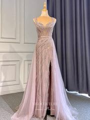 Mauve Beaded Prom Dresses with Slit Gold Overskirt Sheath Formal Dresses 22073