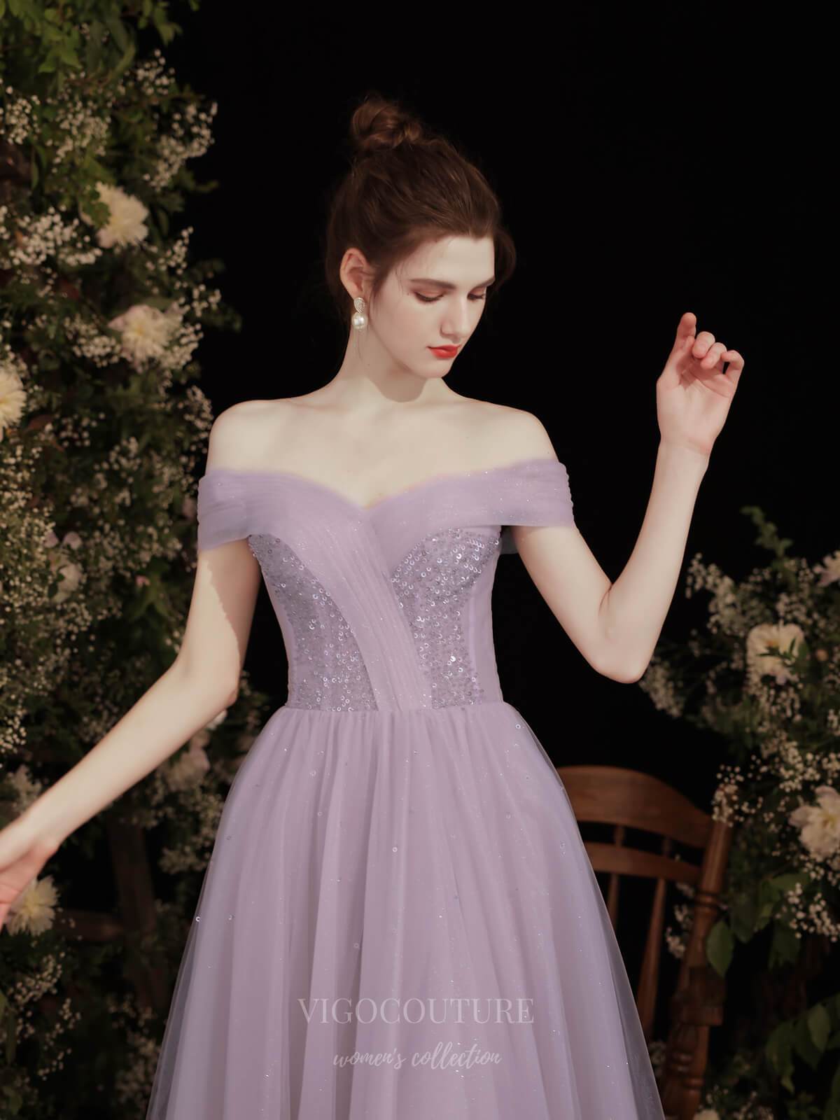 vigocouture-Mauve Off the Shoulder Beaded Prom Dress 20733-Prom Dresses-vigocouture-
