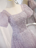 vigocouture-Mauve Sequin Beaded Tulle Puffed Sleeve Prom Dress 20880-Prom Dresses-vigocouture-