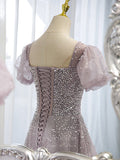 vigocouture-Mauve Sequin Beaded Tulle Puffed Sleeve Prom Dress 20880-Prom Dresses-vigocouture-