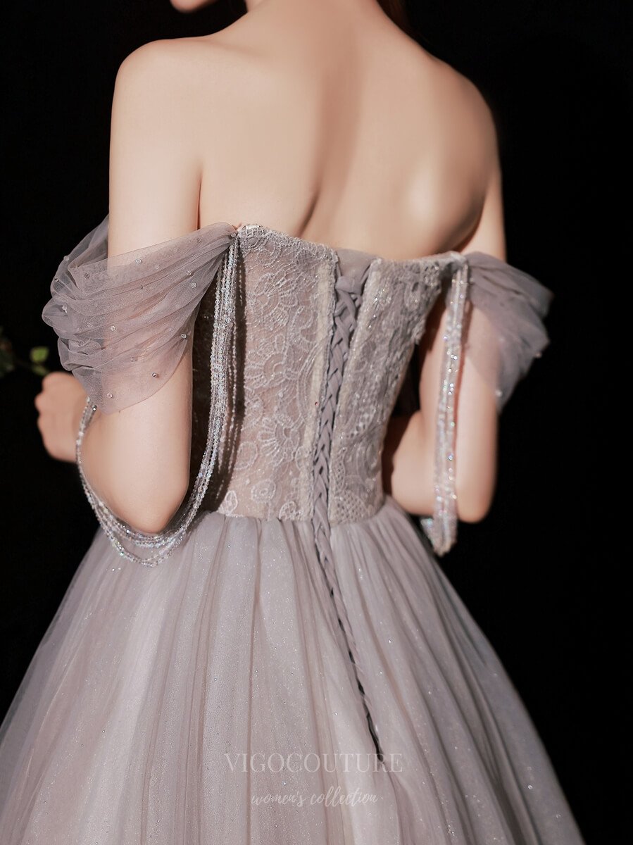 vigocouture-Mauve Strapless Tulle Beaded Prom Dress 20745-Prom Dresses-vigocouture-