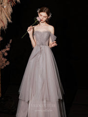 Mauve Strapless Tulle Beaded Prom Dress 20745