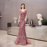 vigocouture-Mauve V-neck Beaded Mermaid Prom Dresses 20039-Prom Dresses-vigocouture-