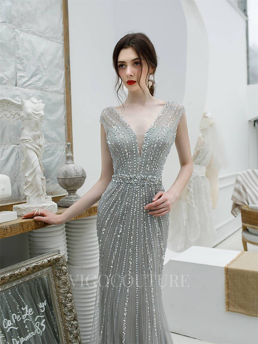 vigocouture-Mermaid Beaded Prom Dresses Plunging V-Neck Cap Sleeve Prom Gown 20219-Prom Dresses-vigocouture-