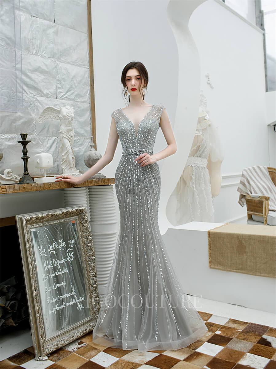 vigocouture-Mermaid Beaded Prom Dresses Plunging V-Neck Cap Sleeve Prom Gown 20219-Prom Dresses-vigocouture-Grey-US2-