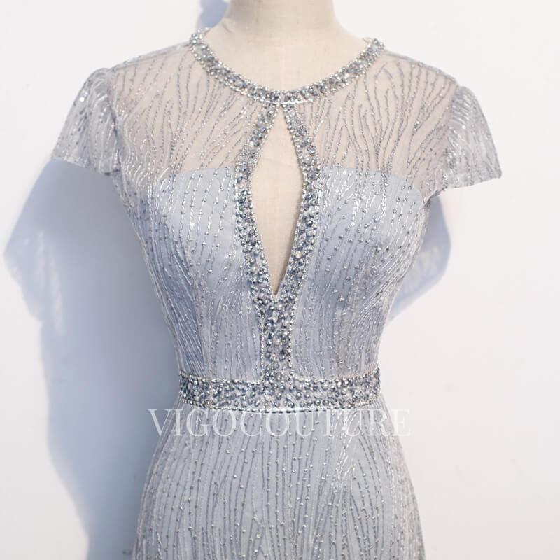 vigocouture-Mermaid Beaded Prom Dresses Round Neck Cap Sleeve Prom Gown 20269-Prom Dresses-vigocouture-