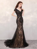 vigocouture-Mermaid Beaded Short Sleeve Prom Dresses 20134-Prom Dresses-vigocouture-Black-US2-