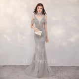 vigocouture-Mermaid High Neck Prom Dresses Beaded Evening Dresses 20079-Prom Dresses-vigocouture-Silver-US2-