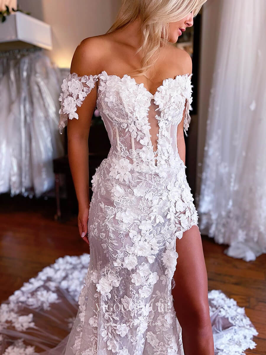 vigocouture-Mermaid Lace Applique Wedding Dresses 3D Flower Bridal Dresses W0053-Wedding Dresses-vigocouture-