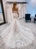 Mermaid Lace Applique Wedding Dresses Chapel Train Bridal Dresses W0073