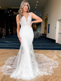 vigocouture-Mermaid Lace Applique Wedding Dresses Plunging V-Neck Bridal Dresses W0070-Wedding Dresses-vigocouture-