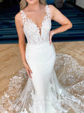 vigocouture-Mermaid Lace Applique Wedding Dresses Plunging V-Neck Bridal Dresses W0070-Wedding Dresses-vigocouture-