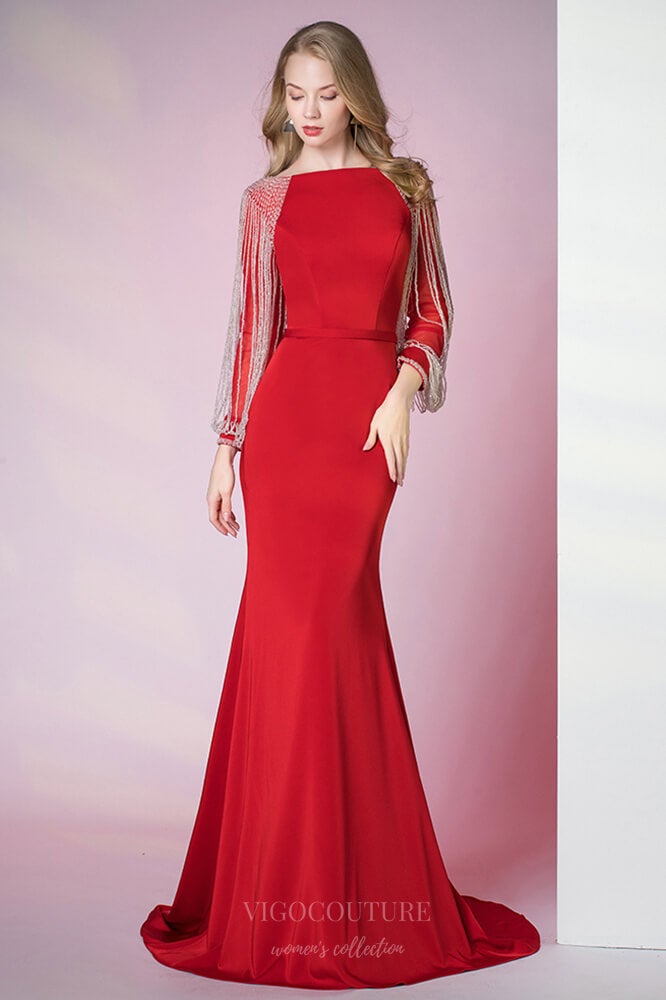 vigocouture-Mermaid Satin Long Sleeve Prom Dress 20795-Prom Dresses-vigocouture-Red-US2-