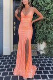 Peach Mermaid Sequin Prom Dresses with Slit Spaghetti Strap Evening Dress 21930-Prom Dresses-vigocouture-Peach-US2-vigocouture