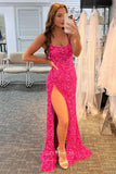 Fuchsia Mermaid Sequin Prom Dresses with Slit Spaghetti Strap Evening Dress 21941-Prom Dresses-vigocouture-Fuchsia-US2-vigocouture