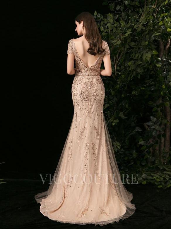vigocouture-Mermaid V-neck Prom Dresses Beaded Short Sleeve Evening Dresses 20092-Prom Dresses-vigocouture-