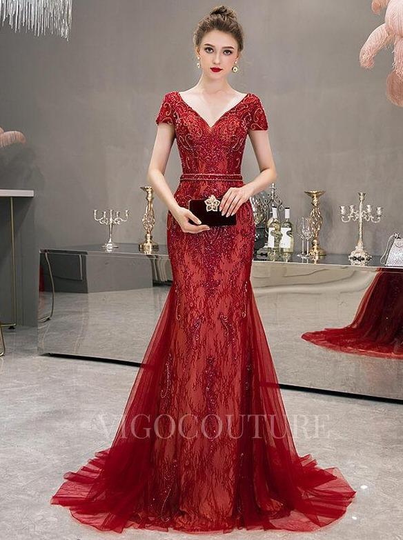 vigocouture-Mermaid V-neck Prom Dresses Beaded Short Sleeve Evening Dresses 20092-Prom Dresses-vigocouture-Red-US2-