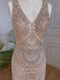 Mocha Beaded Feather Prom Dresses with Slit Mermaid V-Neck Evening Dress 22113-Prom Dresses-vigocouture-Mocha-US2-vigocouture