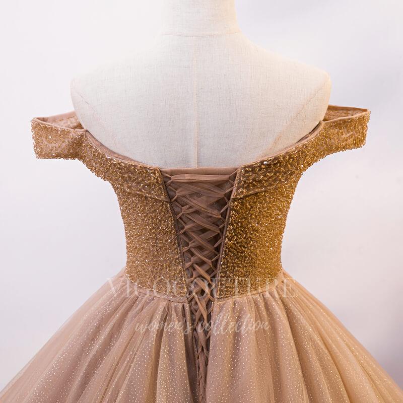 vigocouture-Mocha Beaded Quinceanera Dresses Off the Shoulder Ball Gown 20410-Prom Dresses-vigocouture-