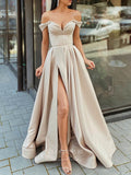Mocha Off the Shoulder Prom Dresses With Slit Satin A-Line Evening Dress 21810-Prom Dresses-vigocouture-Mocha-US2-vigocouture