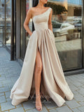 Mocha One Shoulder Prom Dresses With Slit Satin A-Line Evening Dress 21810-Prom Dresses-vigocouture-Mocha-US2-vigocouture