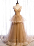 vigocouture-Mocha Tiered Prom Dress 2022 Spaghetti Strap Formal Dress 20513-Prom Dresses-vigocouture-Mocha-US2-
