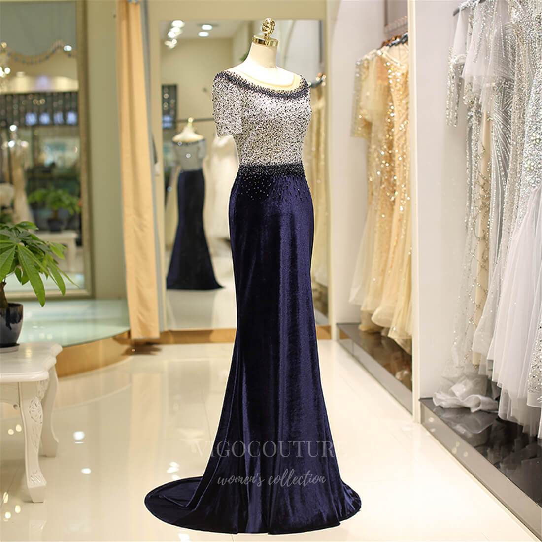 vigocouture-Navy Blue Beaded Mermaid Prom Dress 20290-Prom Dresses-vigocouture-