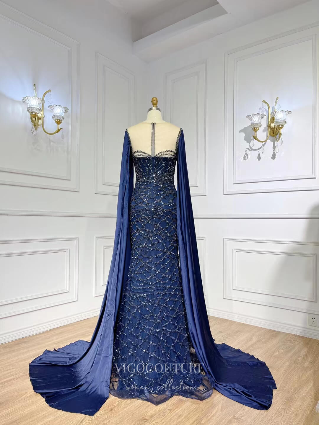 Navy Blue Beaded Prom Dresses Extra Long Cape Sleeve Mother of the Bride Dress 22118-Prom Dresses-vigocouture-Navy Blue-US2-vigocouture