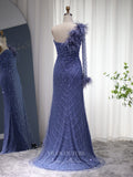 Navy Blue Beaded Prom Dresses One Shoulder Long Sleeve Evening Dress 22147-Prom Dresses-vigocouture-Navy Blue-US2-vigocouture