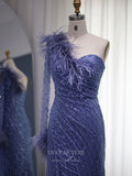 Navy Blue Beaded Prom Dresses One Shoulder Long Sleeve Evening Dress 22147-Prom Dresses-vigocouture-Navy Blue-US2-vigocouture