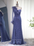 Navy Blue Beaded Prom Dresses One Shoulder Long Sleeve Evening Dress 22147