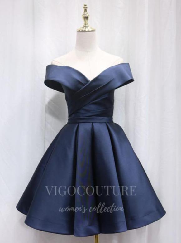 vigocouture-Navy Blue Homecoming Dress Satin Hoco Dress hc055-Prom Dresses-vigocouture-Navy Blue-US2-