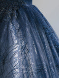 vigocouture-Navy Blue Lace Applique Prom Dresses Sparkly Tulle 21014-Prom Dresses-vigocouture-