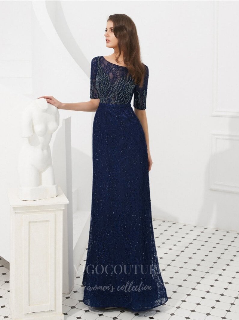 vigocouture-Navy Blue Mermaid Beaded Prom Dress 20281-Prom Dresses-vigocouture-Navy Blue-US2-