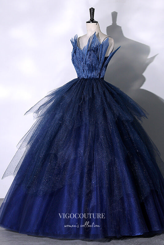 Navy Blue Sparkly Tulle Prom Ball Gown with Spaghetti Strap 22330-Prom Dresses-vigocouture-Navy Blue-Custom Size-vigocouture