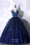 Navy Blue Sparkly Tulle Prom Ball Gown with Spaghetti Strap 22330-Prom Dresses-vigocouture-Navy Blue-Custom Size-vigocouture