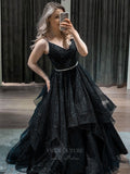 vigocouture-Sparkly Tulle Tiered Spaghetti Strap Prom Dress 20922-Prom Dresses-vigocouture-Black-US2-