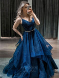 Navy Blue Sparkly Tulle Prom Dresses Ruffled Spaghetti Strap Formal Dress 20922