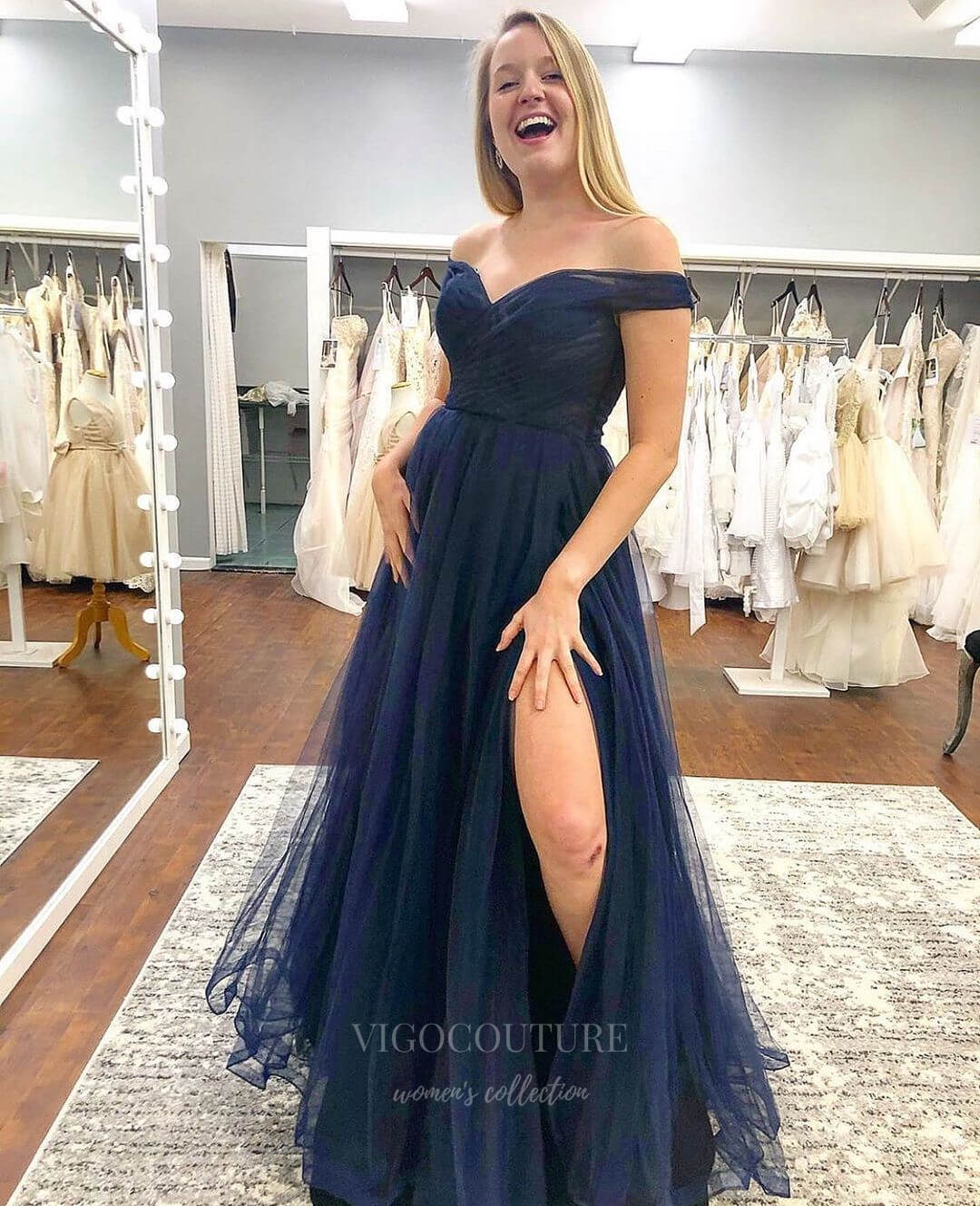 vigocouture-Navy Blue Tulle Off the Shoulder Prom Dress 20846-Prom Dresses-vigocouture-Navy Blue-US2-