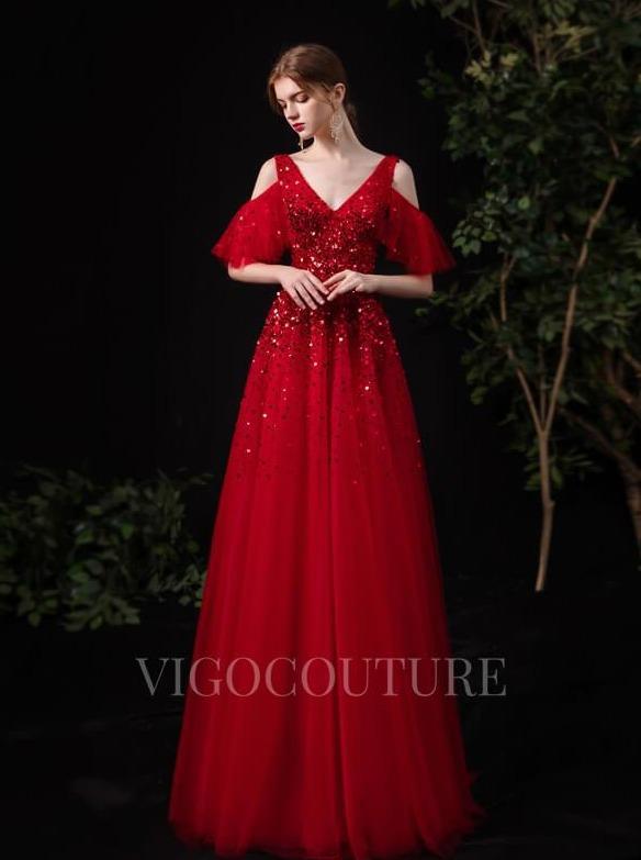 vigocouture-Off the Shoulder A-line Prom Dresses V-neck Beaded Evening Dresses 20088-Prom Dresses-vigocouture-Red-US2-