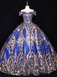 vigocouture-Off the Shoulder Ball Gown Lace Applique Quinceanera Dresses 20639-Prom Dresses-vigocouture-Blue-US2-