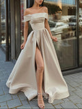 Off the Shoulder Mocha Prom Dresses With Slit A-Line Satin Evening Dress 21810-Prom Dresses-vigocouture-Mocha-US2-vigocouture