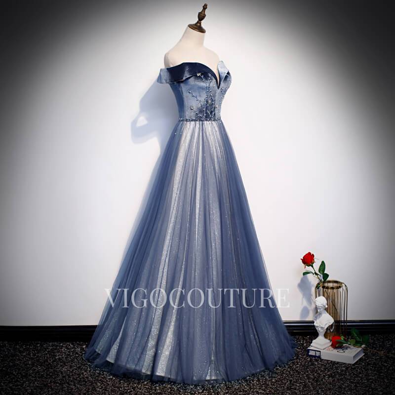 vigocouture-Off the Shoulder Prom Dress Velvet Dusty Blue Prom Gown 20290-Prom Dresses-vigocouture-