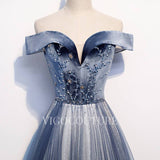 vigocouture-Off the Shoulder Prom Dress Velvet Dusty Blue Prom Gown 20290-Prom Dresses-vigocouture-