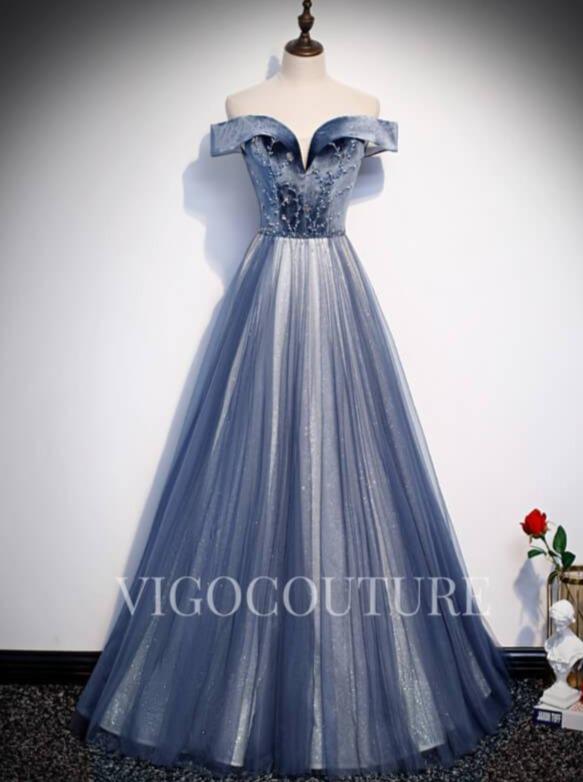 vigocouture-Off the Shoulder Prom Dress Velvet Dusty Blue Prom Gown 20290-Prom Dresses-vigocouture-Dusty Blue-US2-